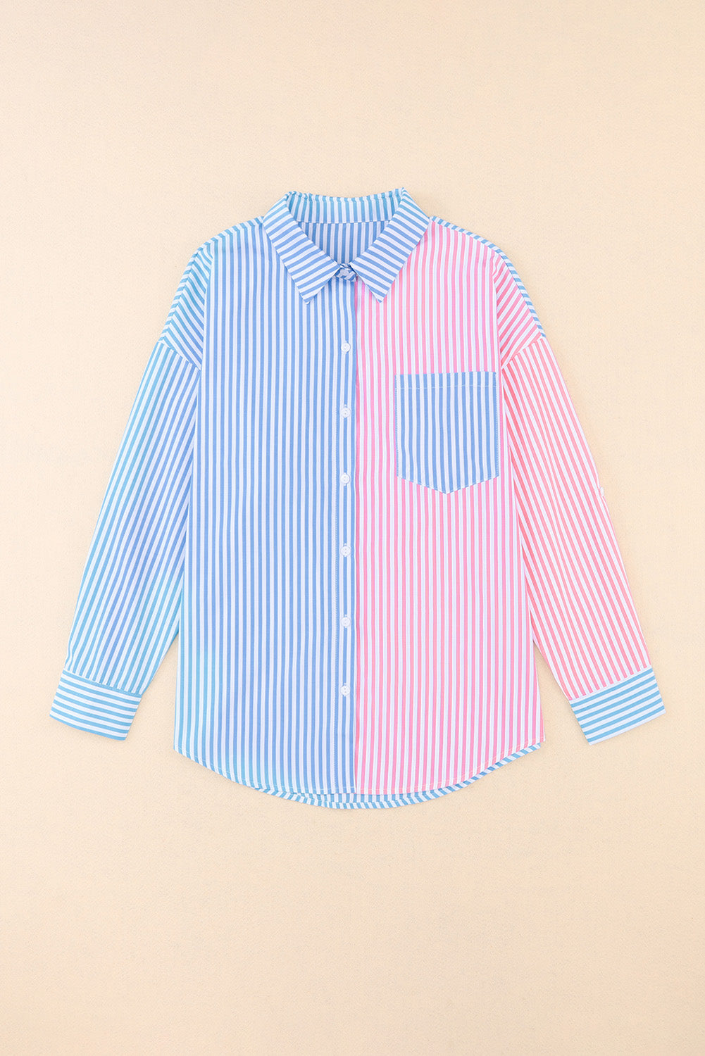 Striped Two-Tone Long Sleeve Shirt with Pocket - Cheeky Chic Boutique