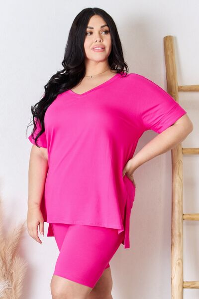 Zenana Full Size V-Neck Short Sleeve Slit T-Shirt and Shorts Set - Cheeky Chic Boutique
