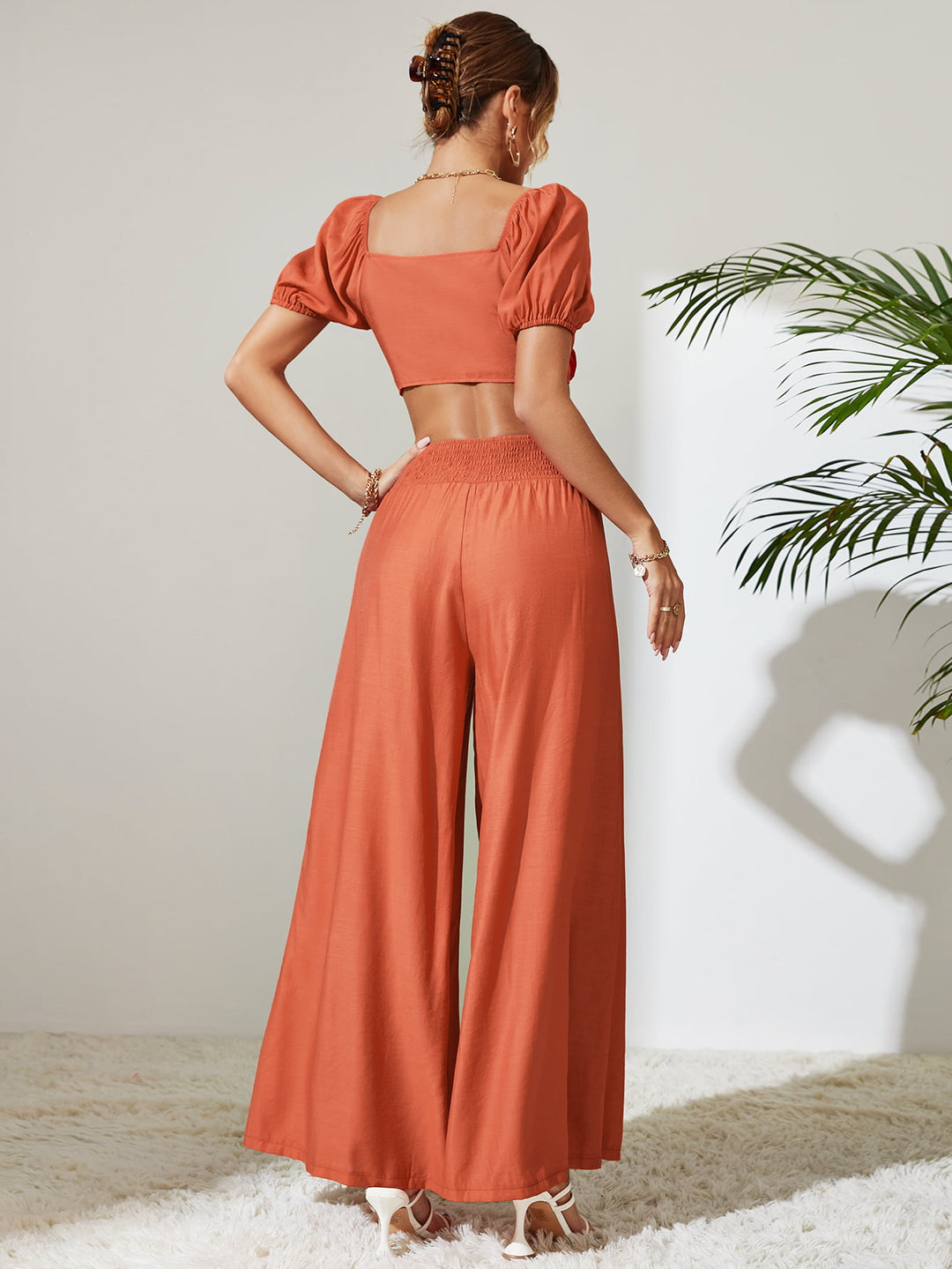 Tie Front Cropped Top and Smocked Wide Leg Pants Set - Cheeky Chic Boutique