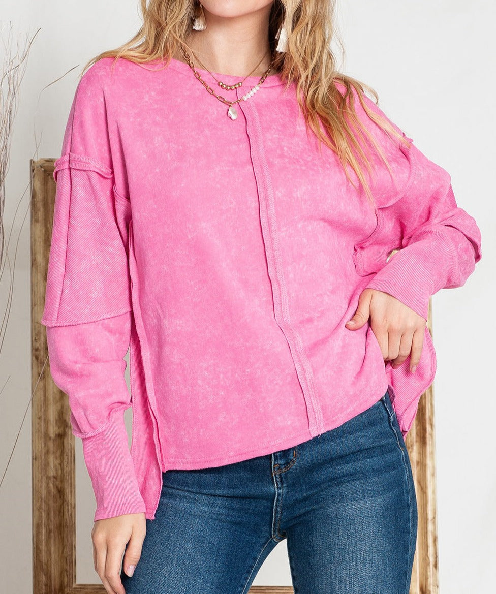 Exposed Seams Round Neck Dropped Shoulder Sweatshirt - Cheeky Chic Boutique