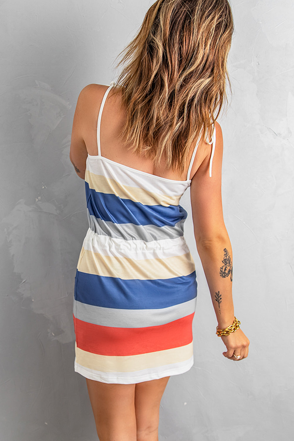 Striped Drawstring Waist Tie-Shoulder Mini Dress - Cheeky Chic Boutique