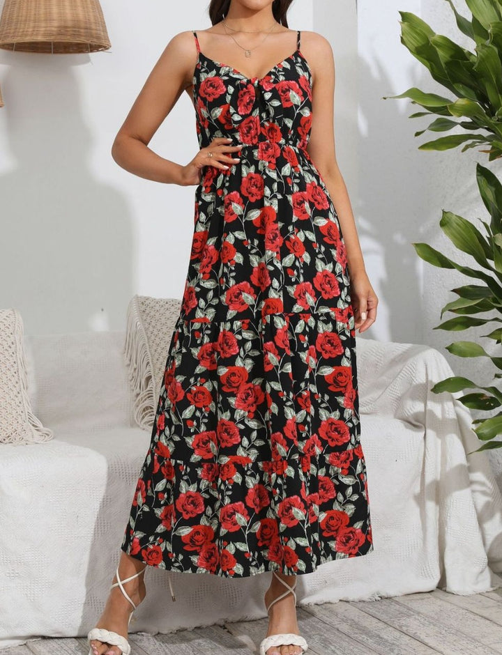 Rose Print Spaghetti Strap Sweetheart Neck Dress - Cheeky Chic Boutique