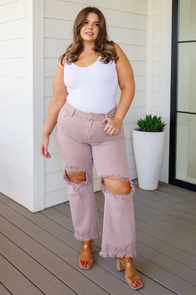 Babs High Rise Distressed Straight Jeans in Mauve - Cheeky Chic Boutique