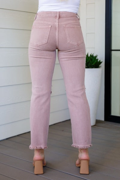 Babs High Rise Distressed Straight Jeans in Mauve - Cheeky Chic Boutique