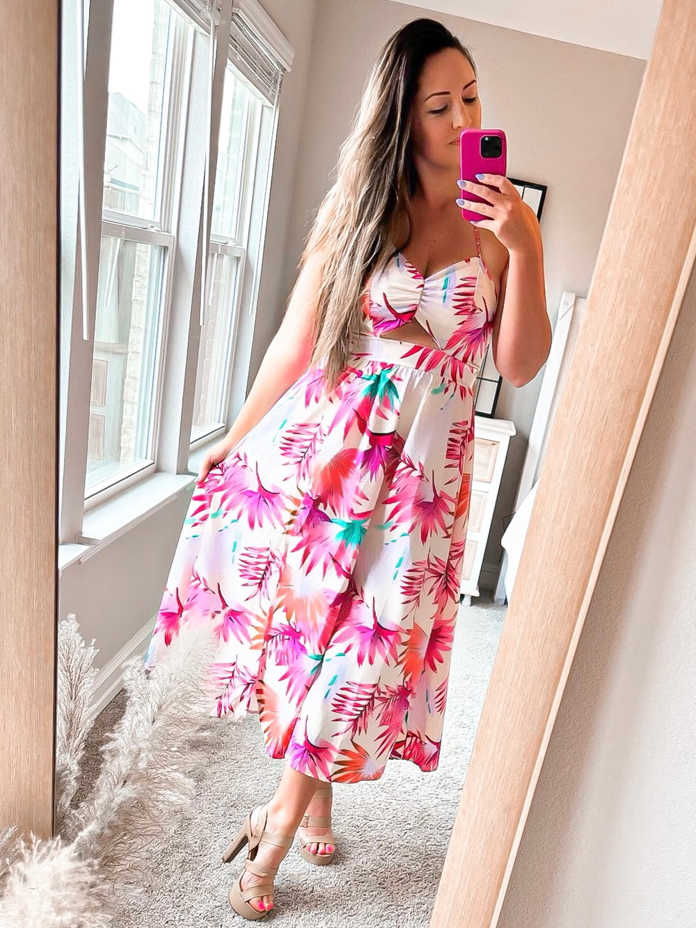 PRE-ORDER Botanical Print Tied Backless Cutout Slit Dress - Cheeky Chic Boutique