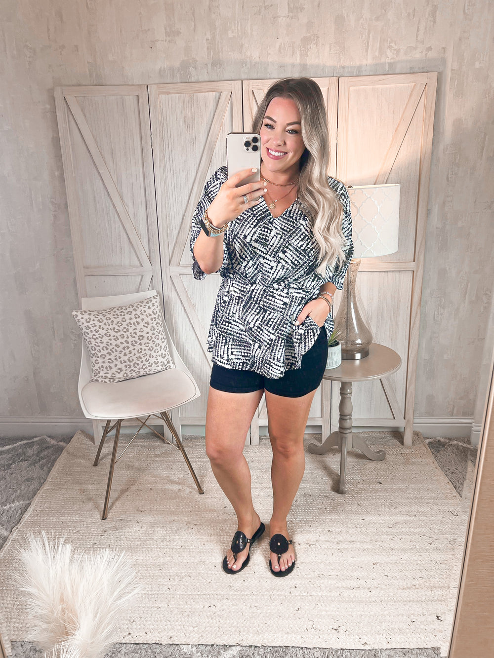 Work Life Balance Printed V-Neck Dolman Sleeve Blouse - Cheeky Chic Boutique