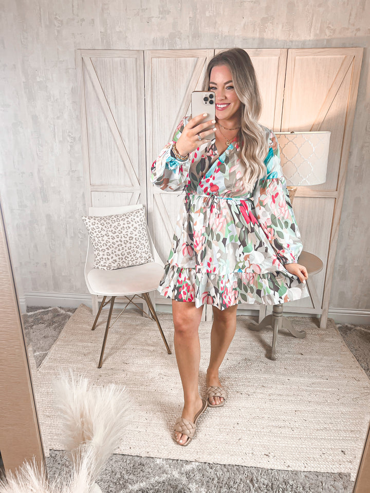 Watercolor Wishes Full Size Printed Tie-Waist Puff Sleeve Surplice Dress - Cheeky Chic Boutique