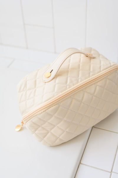 Large Capacity Quilted Makeup Bag in Cream - Cheeky Chic Boutique