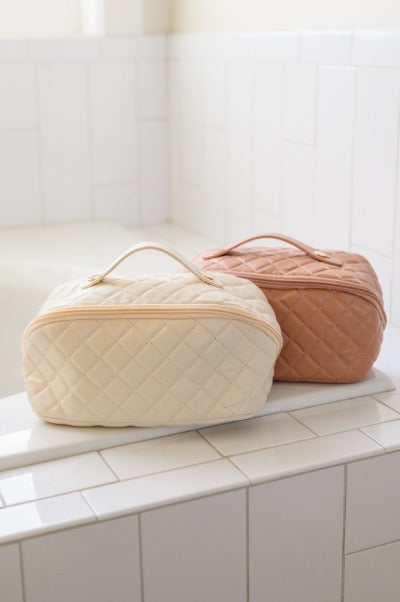 Large Capacity Quilted Makeup Bag in Cream - Cheeky Chic Boutique