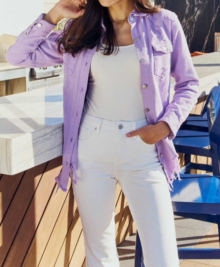American Bazi Full Size Distressed Button Down Denim Jacket in Lavender - Cheeky Chic Boutique