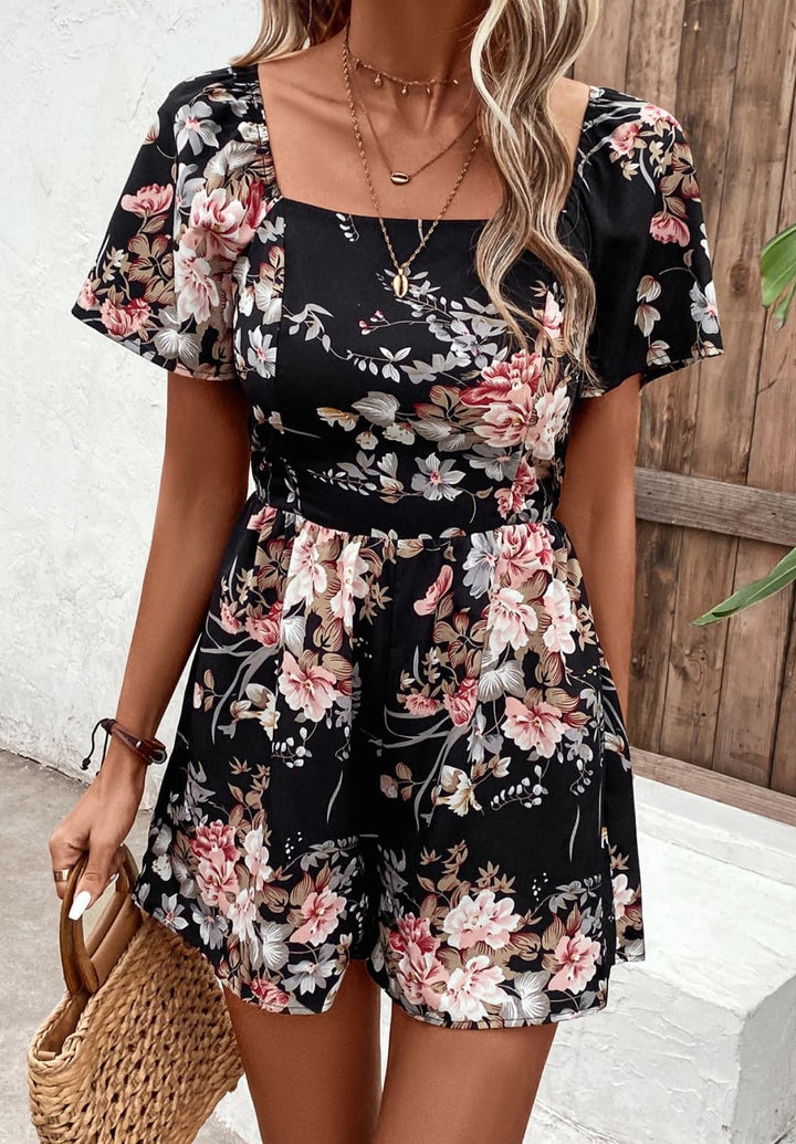 Floral Cutout Tie Back Romper - Cheeky Chic Boutique