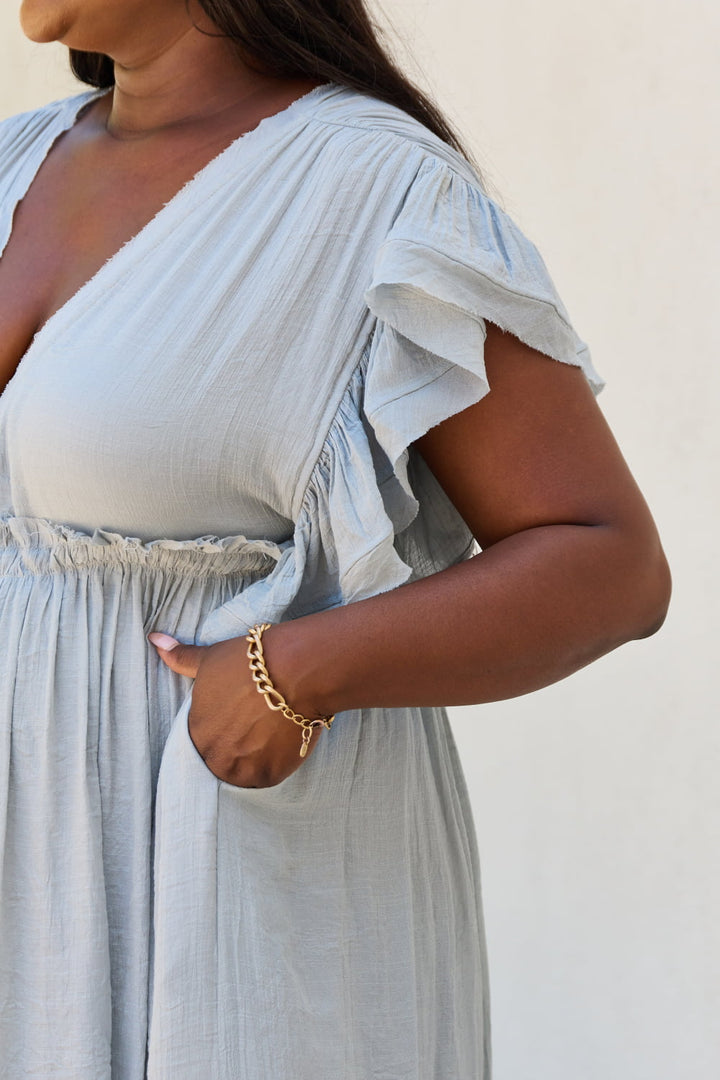 Sweet Lovely By Jen Full Size Drawstring Deep V Butterfly Sleeve Maxi Dress - Cheeky Chic Boutique