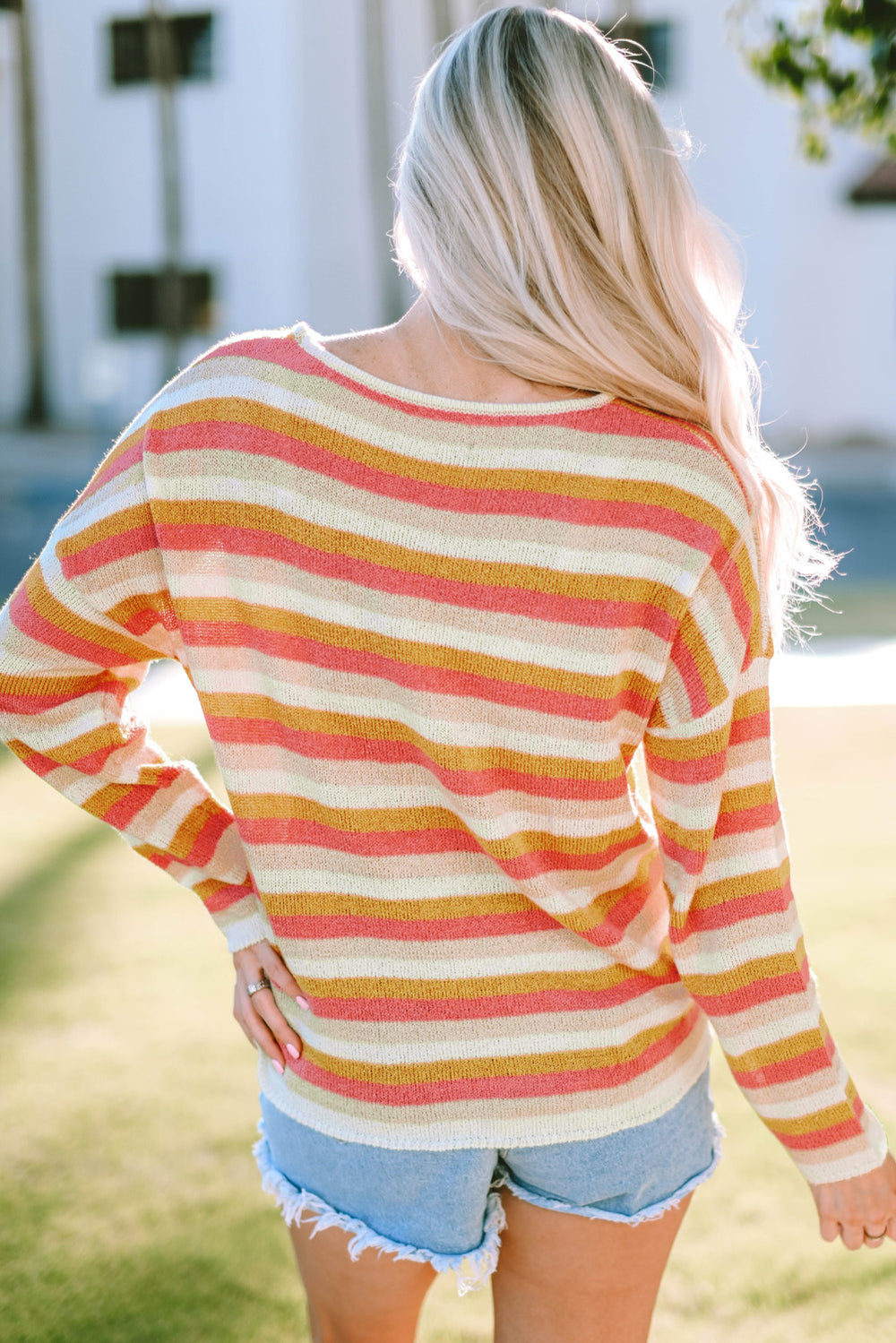 Striped Round Neck Dropped Shoulder Pullover Sweater - Cheeky Chic Boutique