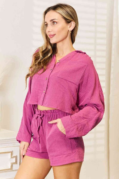 Basic Bae Buttoned Long Sleeve Top and Shorts Set - Cheeky Chic Boutique