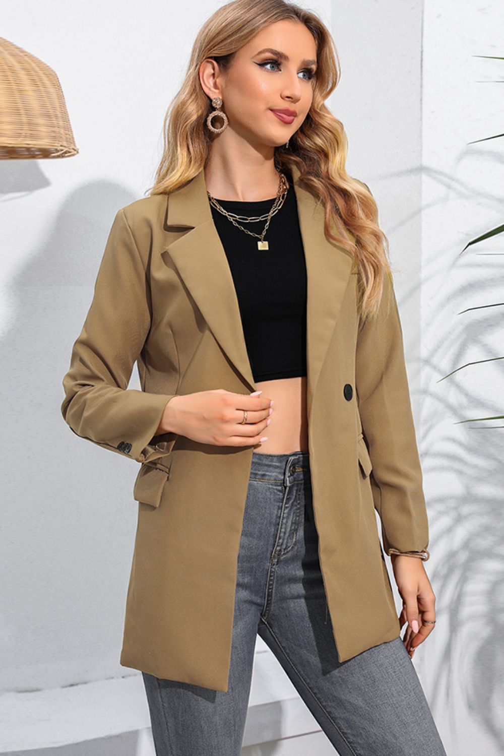 Lapel Neck Long Sleeve Blazer with Pockets - Cheeky Chic Boutique