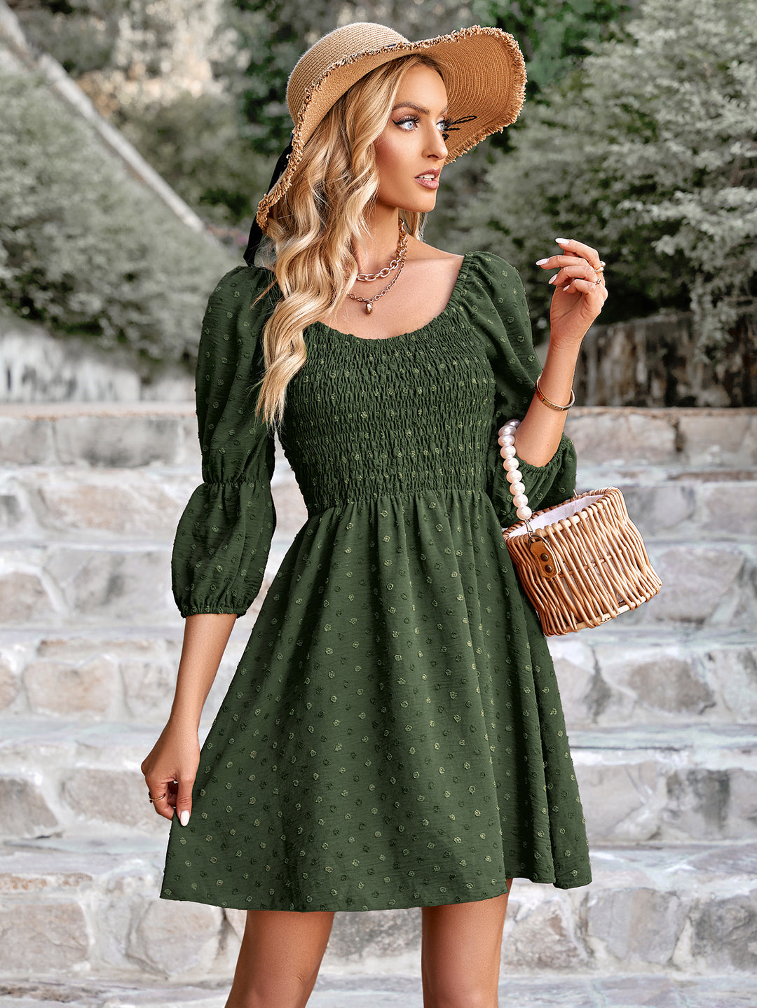 Swiss Dot Smocked Scoop Neck Dress - Cheeky Chic Boutique