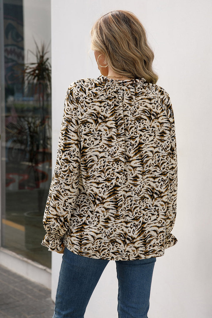 Printed Tie Neck Frill Trim Flounce Sleeve Blouse - Cheeky Chic Boutique