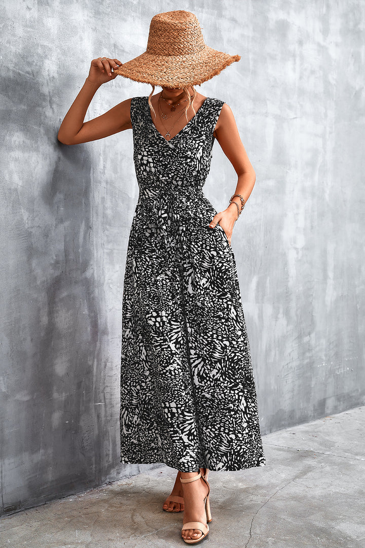 Printed V-Neck Tie Waist Maxi Dress - Cheeky Chic Boutique