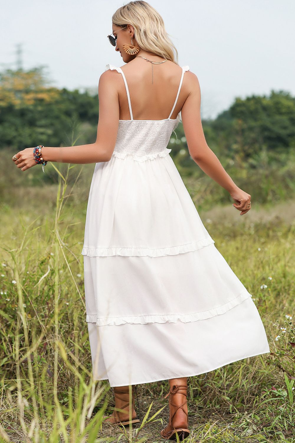 Ruched Sweetheart Neck Ruffle Trim Dress - Cheeky Chic Boutique