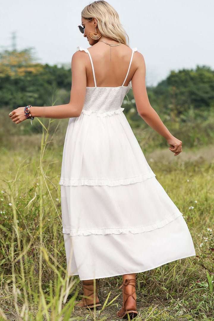 Ruched Sweetheart Neck Ruffle Trim Dress - Cheeky Chic Boutique