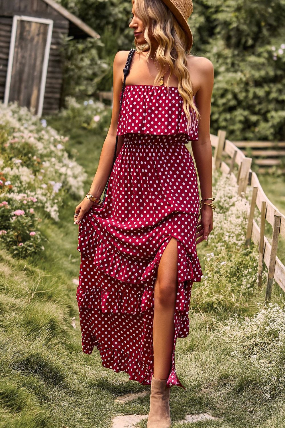 Polka Dot Strapless Slit Ruffled Maxi Dress - Cheeky Chic Boutique