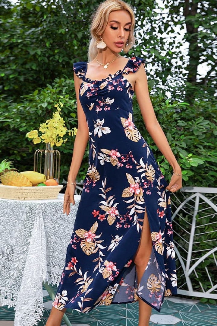 Floral Print Sleeveless Square Neck Slit Midi Dress - Cheeky Chic Boutique
