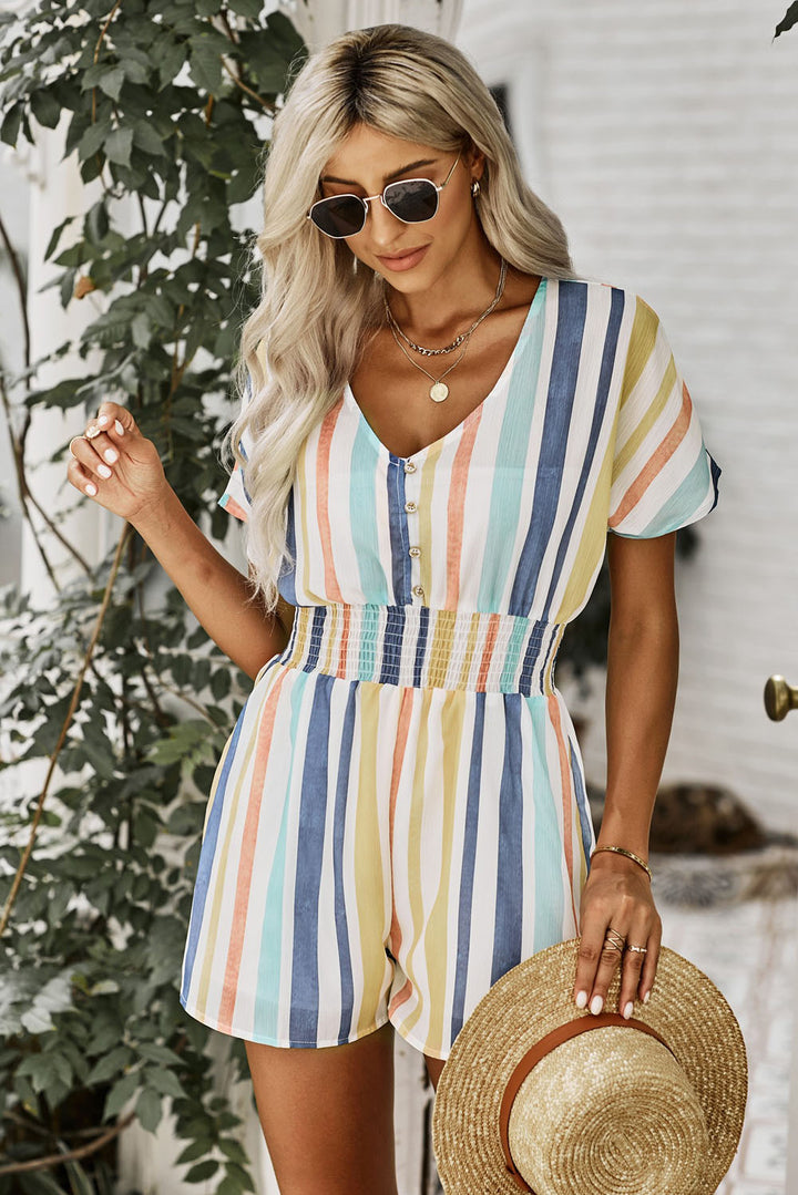 PRE-ORDER Multicolored Stripe V-Neck Smocked Waist Romper - Cheeky Chic Boutique