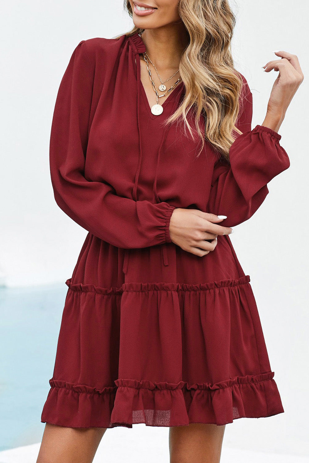 Tied Frill Trim Puff Sleeve Mini Dress - Cheeky Chic Boutique