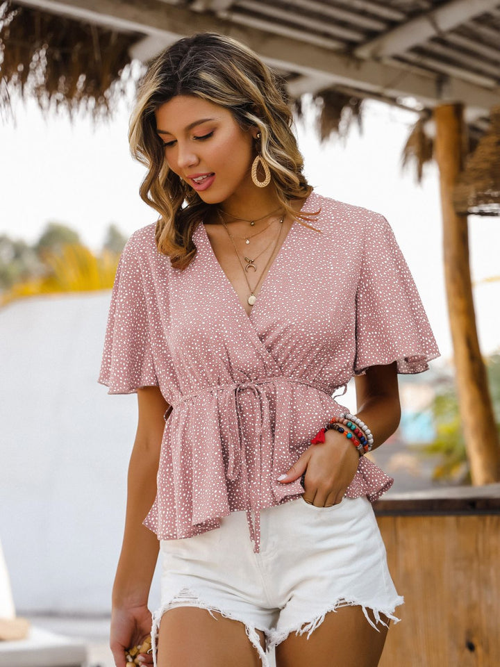 Printed Tied Flutter Sleeve Babydoll Blouse - Cheeky Chic Boutique