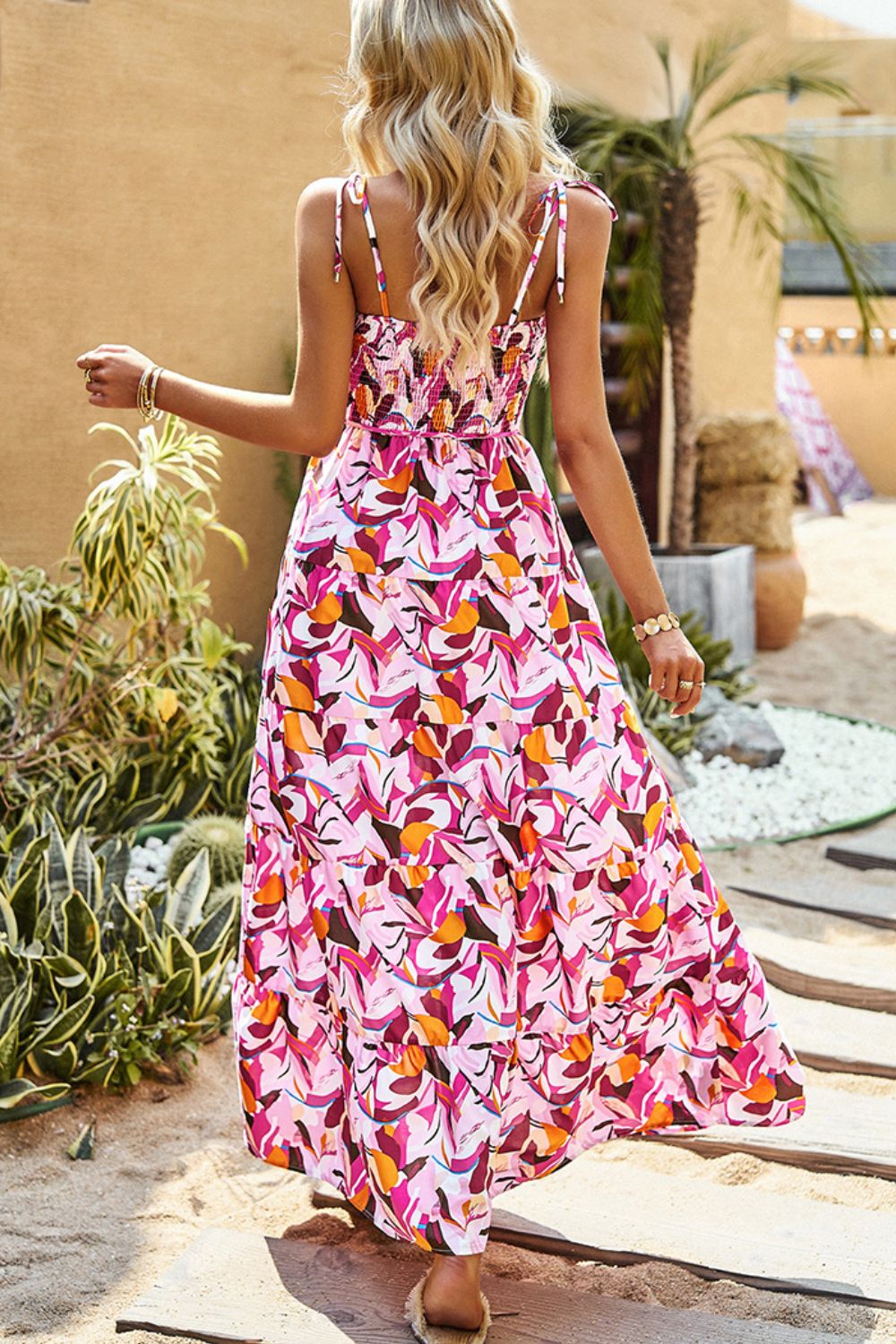 Printed Tie-Shoulder Smocked Maxi Dress - Cheeky Chic Boutique