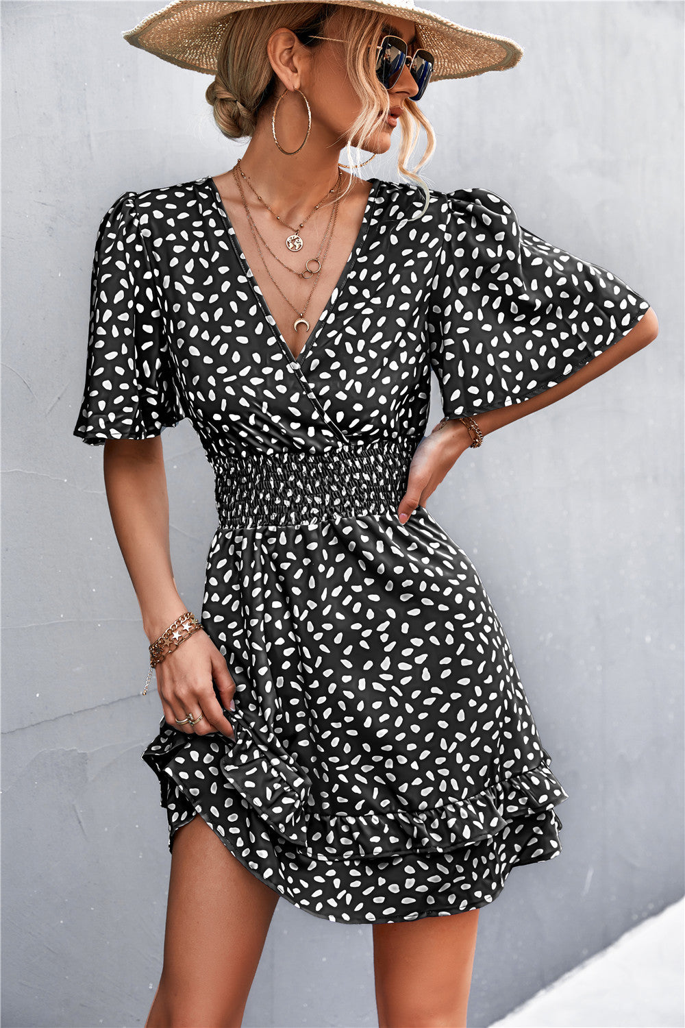 Printed Smocked Waist Layered Surplice Dress - Cheeky Chic Boutique