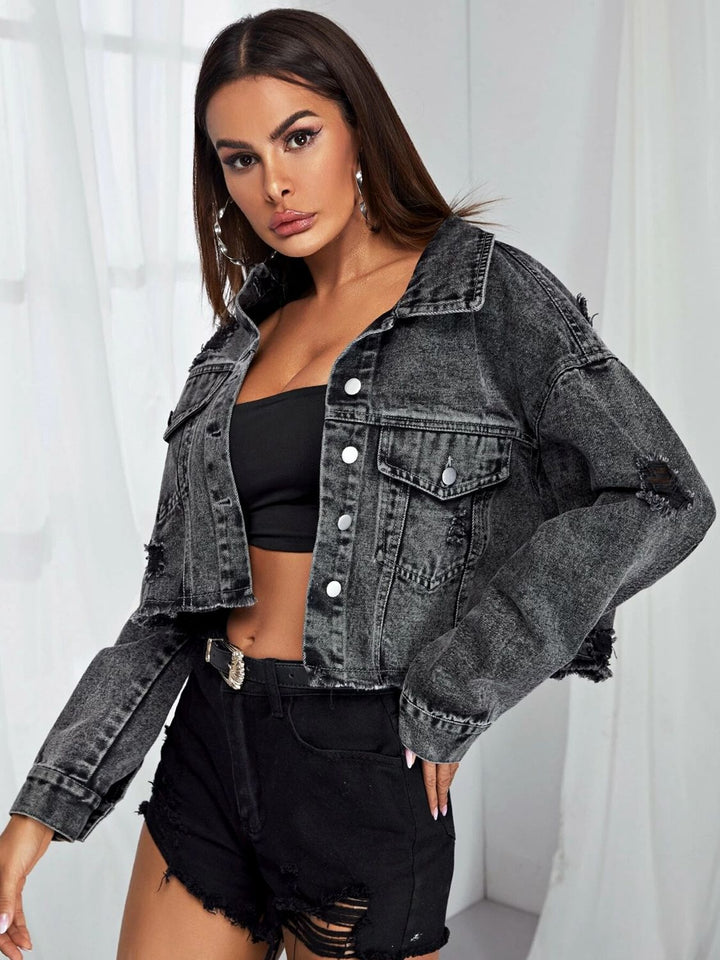 Dropped Shoulder Collared Neck Denim Jacket - Cheeky Chic Boutique