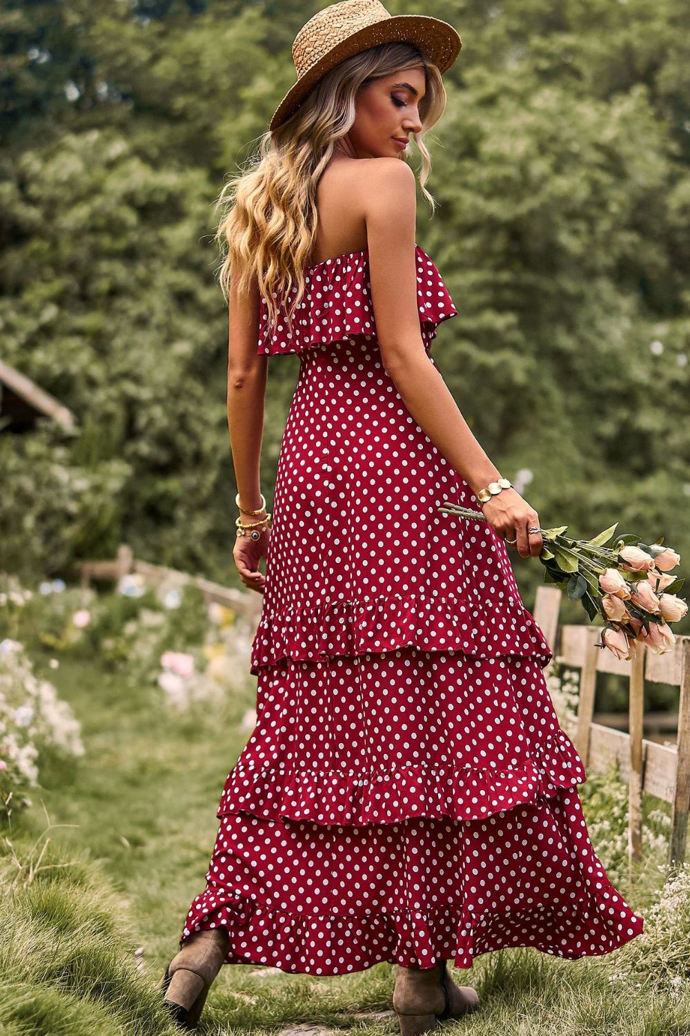 Polka Dot Strapless Slit Ruffled Maxi Dress - Cheeky Chic Boutique