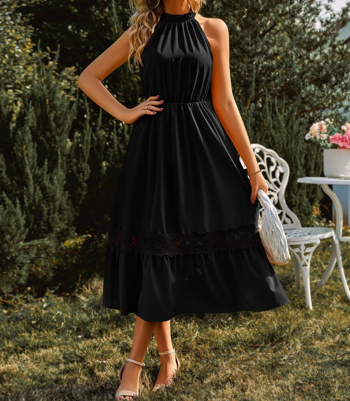 Grecian Neck Spliced Lace Midi Dress - Cheeky Chic Boutique