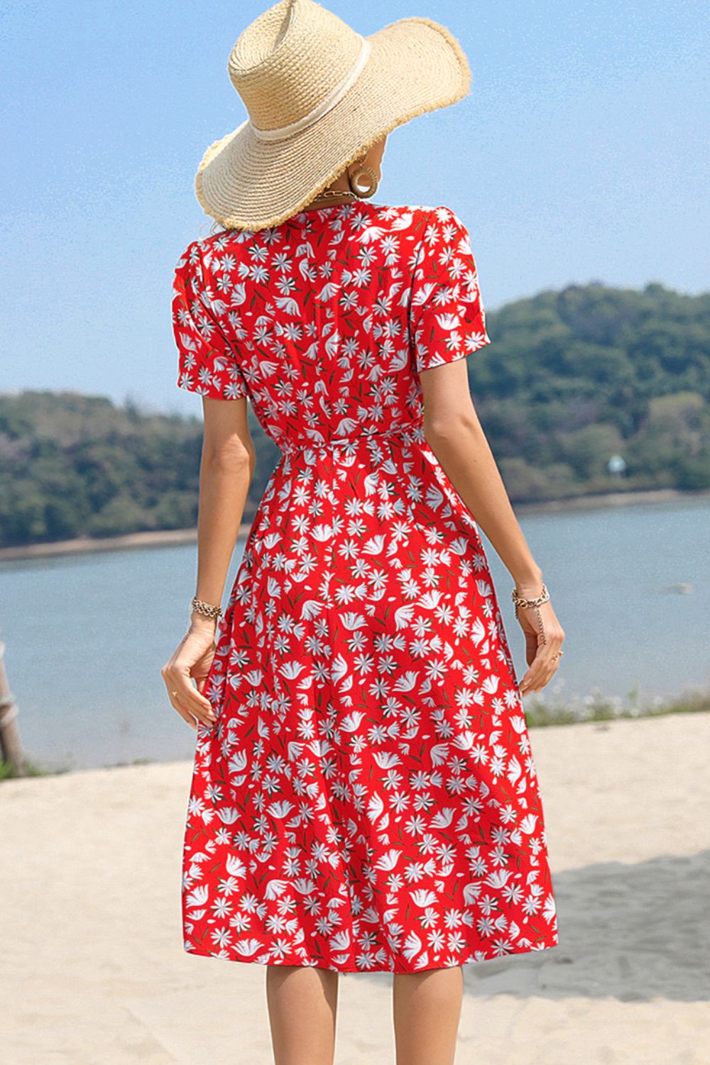 Floral Surplice Neck Short Sleeve Dress - Cheeky Chic Boutique