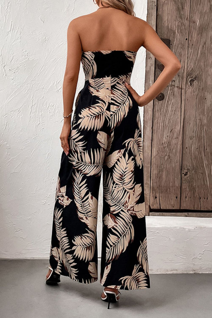 Printed Strapless Wide Leg Jumpsuit with Pockets - Cheeky Chic Boutique
