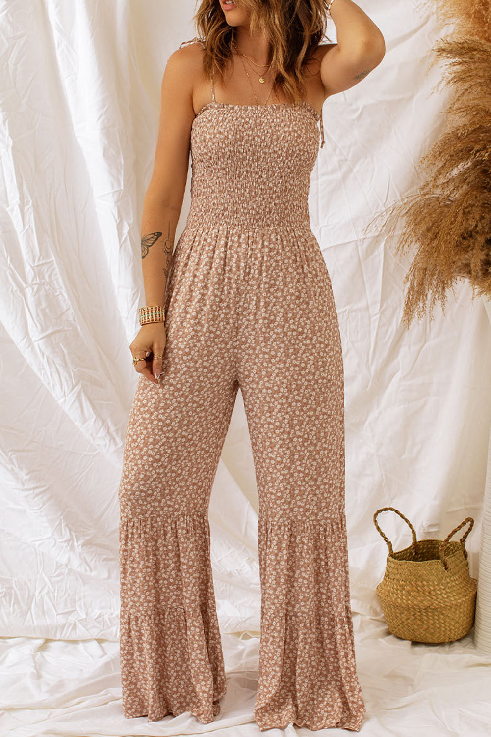 PRE-ORDER Floral Spaghetti Strap Smocked Wide Leg Jumpsuit - Cheeky Chic Boutique