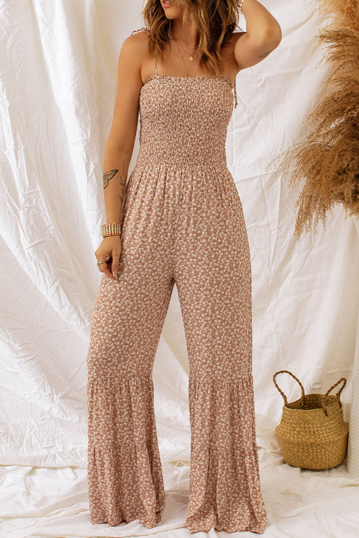 PRE-ORDER Floral Spaghetti Strap Smocked Wide Leg Jumpsuit - Cheeky Chic Boutique