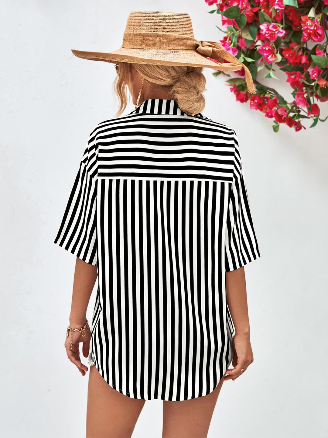 Striped Dropped Shoulder Half Sleeve Shirt - Cheeky Chic Boutique