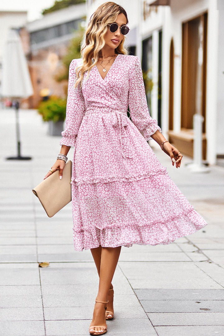 PRE-ORDER Leopard Surplice Tie Belt Slit Dress - Cheeky Chic Boutique