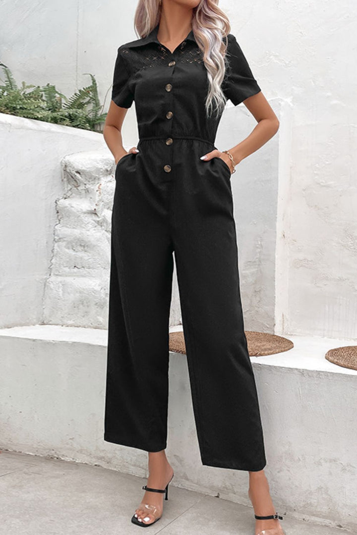 Collared Neck Short Sleeve Jumpsuit - Cheeky Chic Boutique