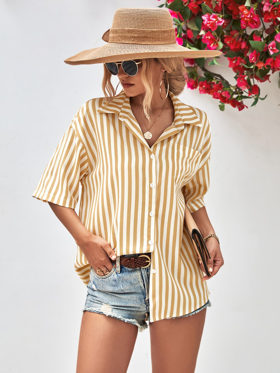 Striped Dropped Shoulder Half Sleeve Shirt - Cheeky Chic Boutique