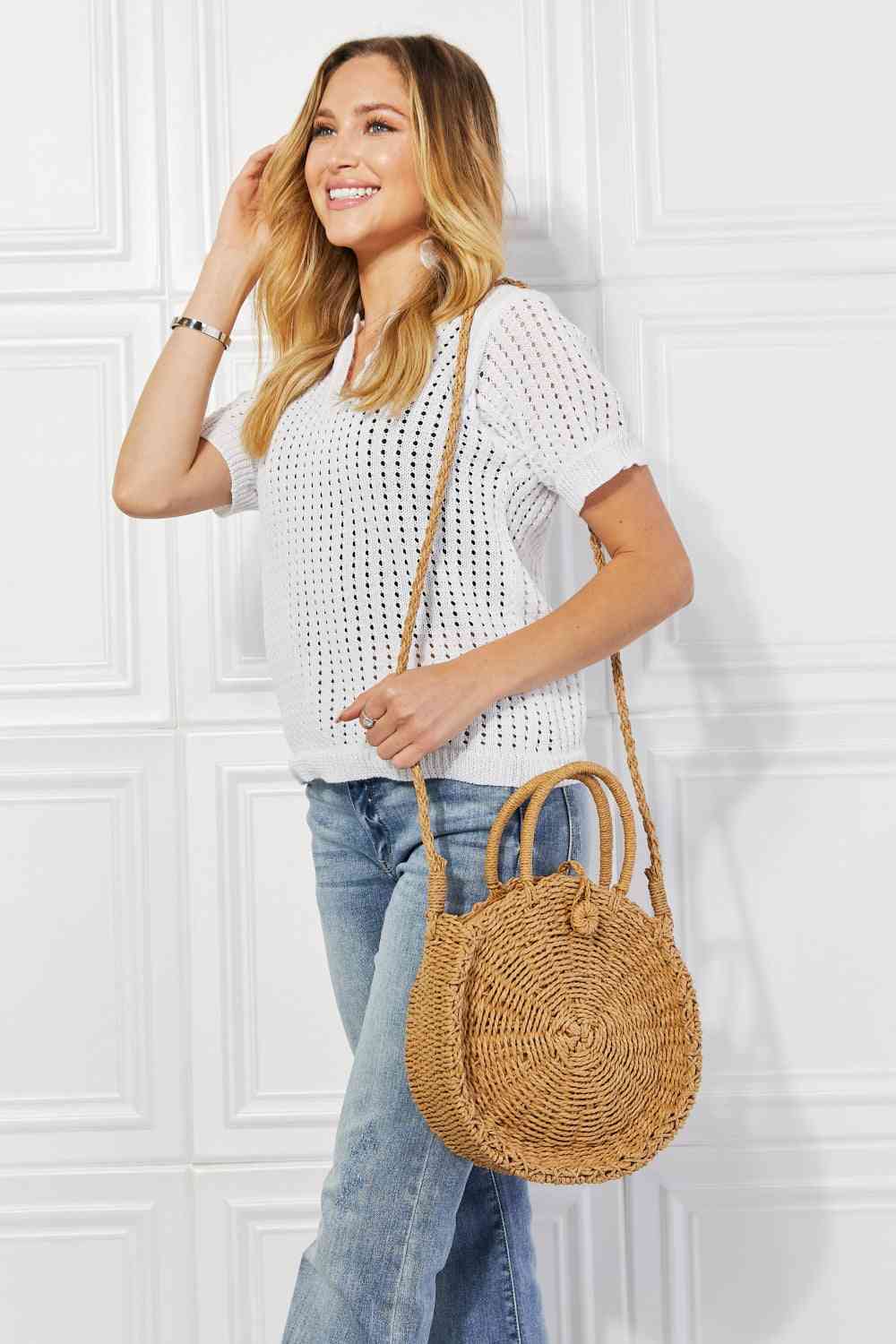 Justin Taylor Feeling Cute Rounded Rattan Handbag in Camel - Cheeky Chic Boutique