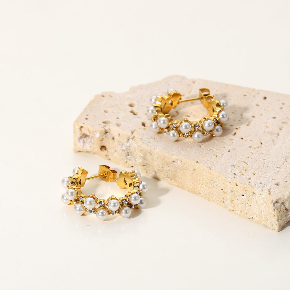 Pearl Rhinestone C-Hoop Earrings - Cheeky Chic Boutique