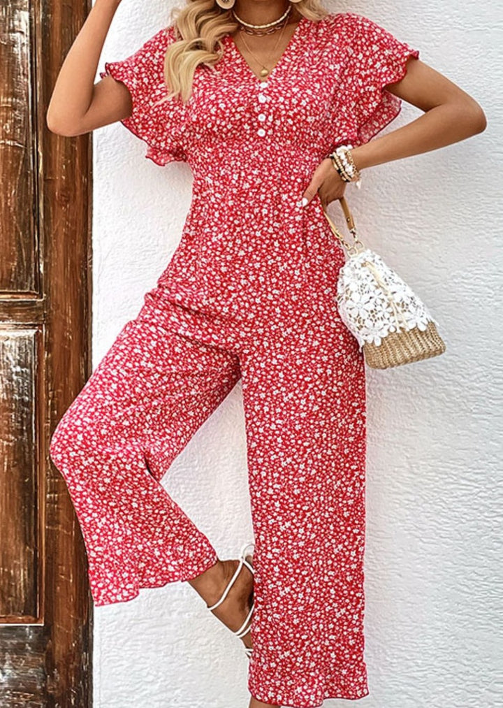 Printed Tie Back Ruffled Jumpsuit - Cheeky Chic Boutique