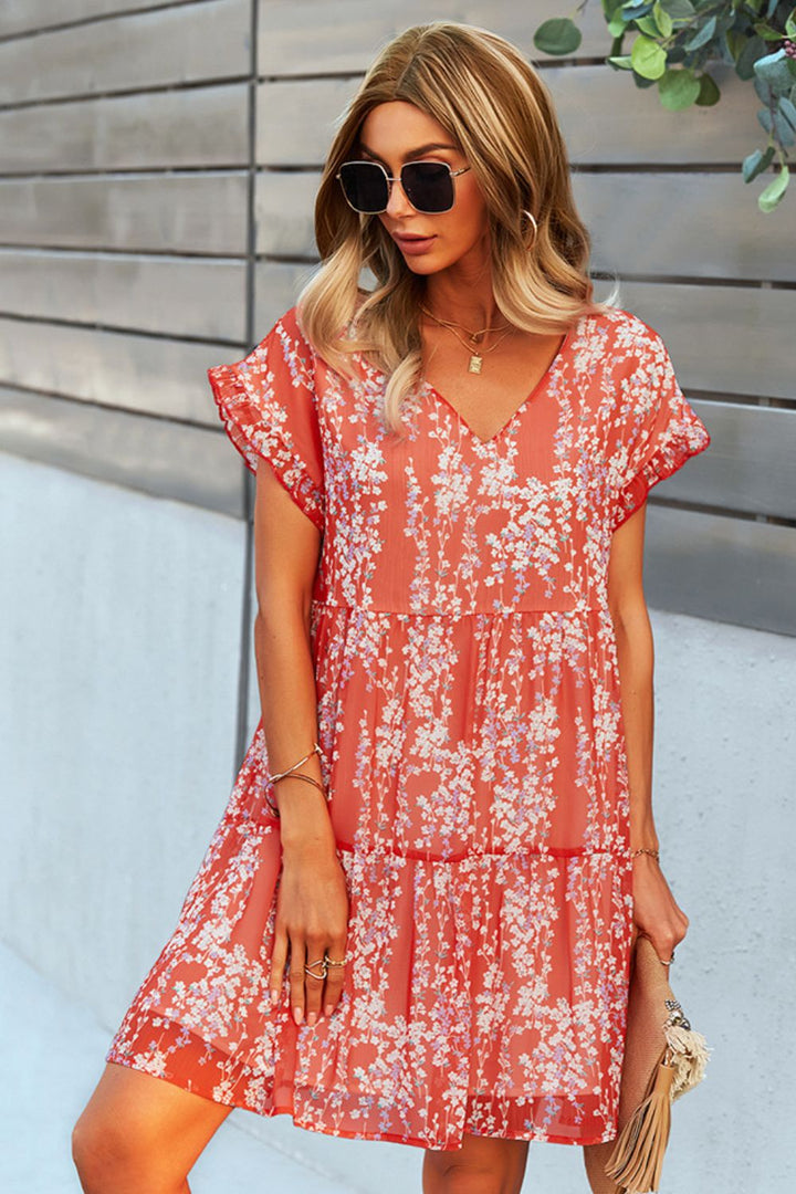Printed V-Neck Short Sleeve Tiered Dress - Cheeky Chic Boutique