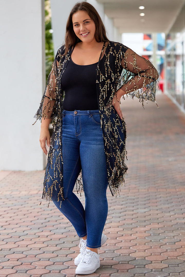 Plus Size Contrast Sequin Sheer Mesh Cardigan - Cheeky Chic Boutique