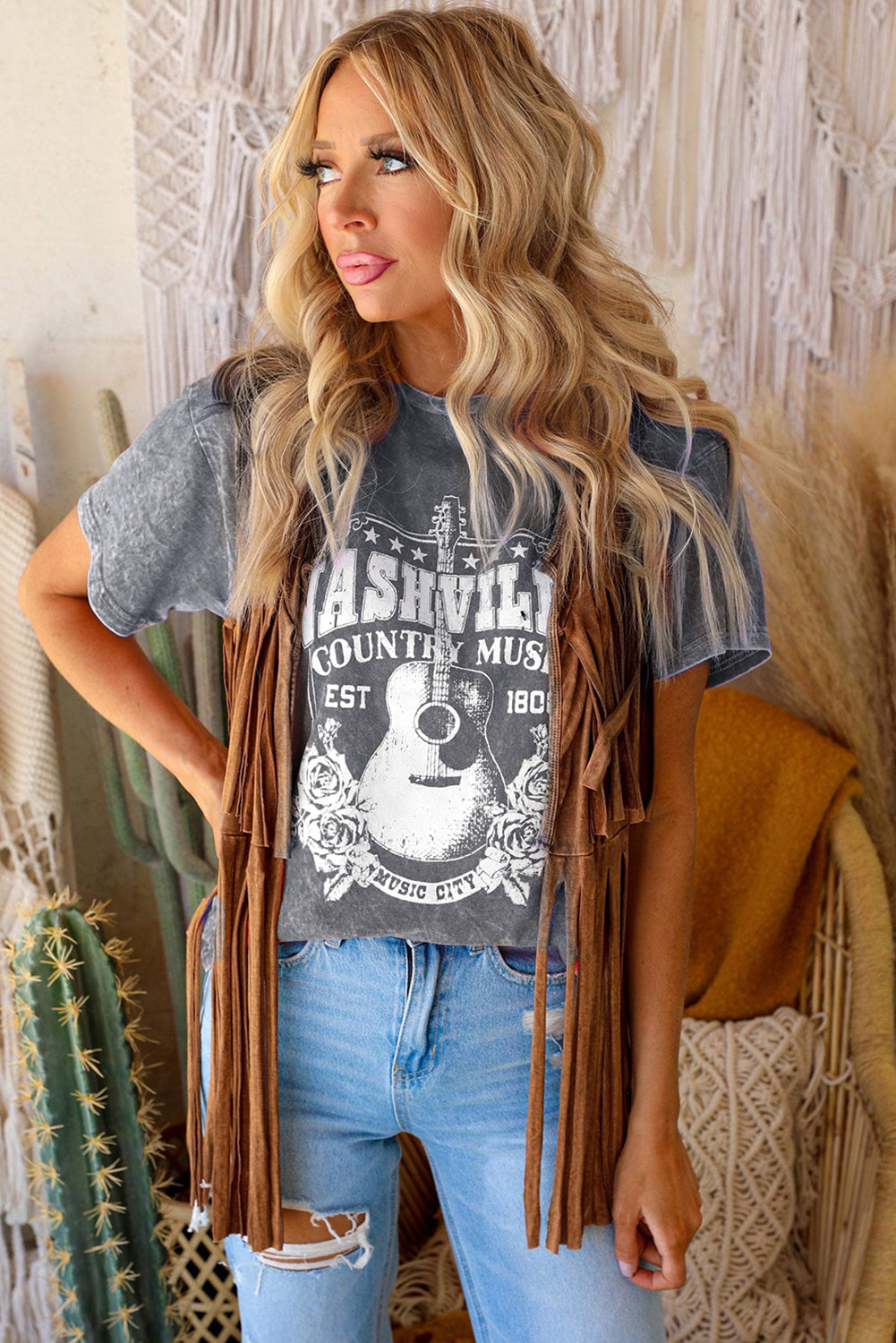 NASHVILLE COUNTRY MUSIC Graphic Round Neck Tee Shirt - Cheeky Chic Boutique