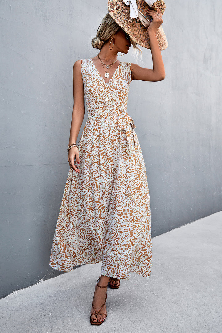 Printed V-Neck Tie Waist Maxi Dress - Cheeky Chic Boutique