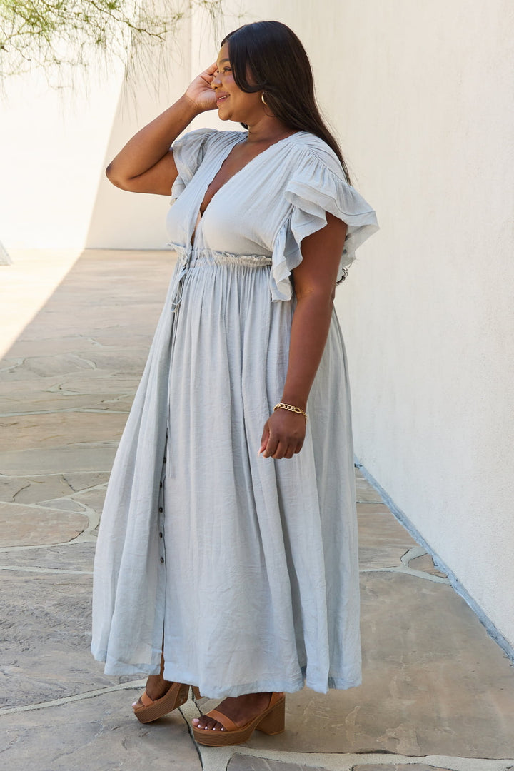 Sweet Lovely By Jen Full Size Drawstring Deep V Butterfly Sleeve Maxi Dress - Cheeky Chic Boutique